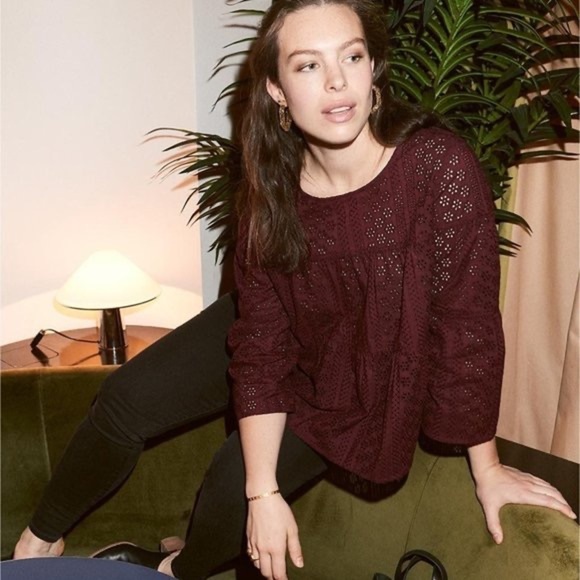 MADEWELL maroon Eyelet Tiered Button Back Top size medium - Picture 1 of 4